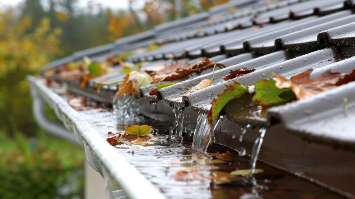 Rainwater overflowing from a clogged white gutters